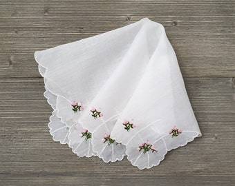 Pink Rosebuds Hankie, Embroidered Flowers, Vintage Handkerchief, For Mom, Flower Girl, Christening Gift