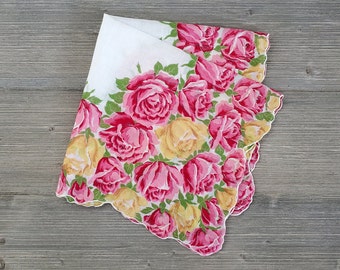 Rose Garden Hankie, Pink & Yellow Floral Handkerchief, Ladies Vintage Gift