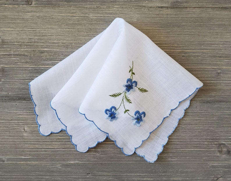Blue Pansies Hankie, Vintage Embroidered Handkerchief, Bride's Something Blue image 2