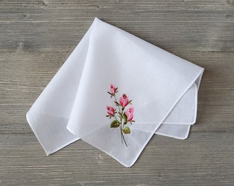 Pink Long Stem Roses, Embroidered Hankie, Vintage Handkerchief