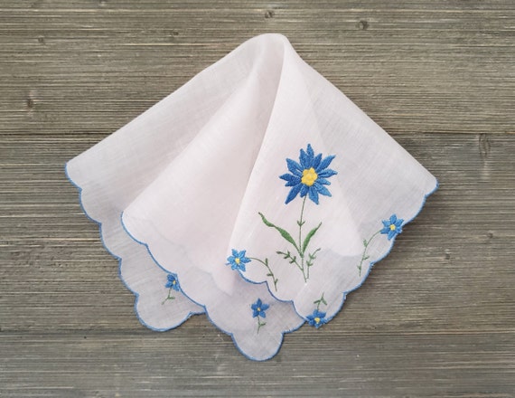 Pale Pink Hankie, Blue Embroidered Flowers, Vinta… - image 2