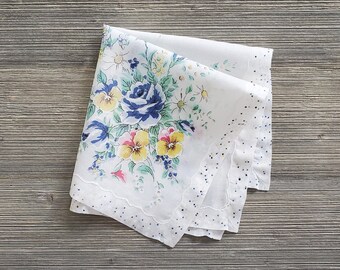 Garden Flowers & Polka Dots, Ladies Floral Hankie, Vintage Handkerchief, Something Blue