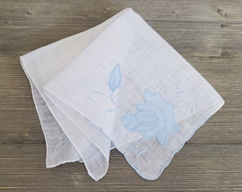 Blue Flower Appliqué & Embroidered Hankie, Vintage Wedding Handkerchief, Bride's Something Blue