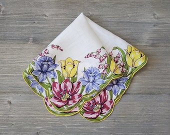 Spring Daffodills & Tulips Hankie, Burmel Tag Attached, 1950's Vogue Handkerchief of the Month, Vintage Easter Gift