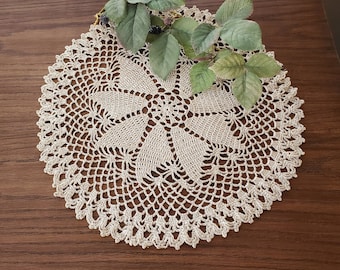 Large Golden Ecru 15" Doily, Vintage Handmade Crochet Doily, Table Topper, Home Decor & Gifts