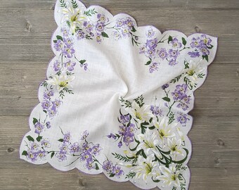 Purple & White Spring Flowers Hankie, Vintage Linen Handkerchief, Easter Gift
