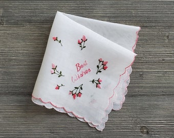 Pink 'Best Wishes' Hankie, Embroidered Rosebuds, Vintage Handkerchief, Wedding Keepsake Gift