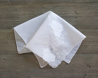 Embroidered White-on-White Hankie, Appliqué Roses, Vintage Wedding Handkerchief, Keepsake For the Bride