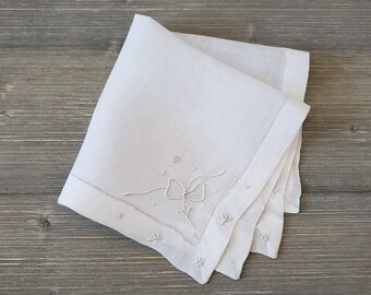 White Linen Handkerchief, Vintage Embroidered Hankie, Bride's Wedding Keepsake