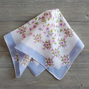 Pink & Blue Floral Hankie, Soft Linen, Vintage Designer Handkerchief, Pink Blossoms, Something Blue