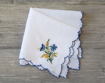 Blue & Gold Flowers, Embroidered Hankie, Vintage Wedding Handkerchief, Bride's Something Blue