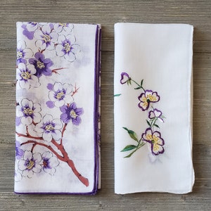 2 Purple Blossoms Hankies, Floral & Embroidered Vintage Handkerchiefs, Soft Cotton Ladies Hankies, Spring Flowers image 3