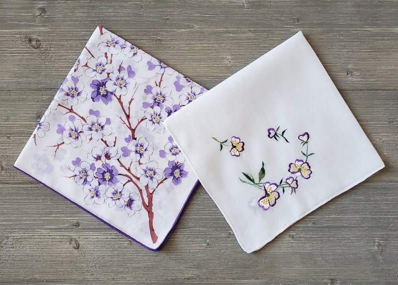 2 Purple Blossoms Hankies, Floral & Embroidered Vintage Handkerchiefs, Soft Cotton Ladies Hankies, Spring Flowers image 5