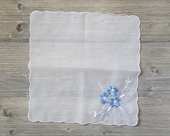 White Nylon & Blue Flowers, Embroidered Hankie, S… - image 4