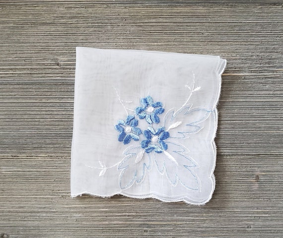 White Nylon & Blue Flowers, Embroidered Hankie, S… - image 2
