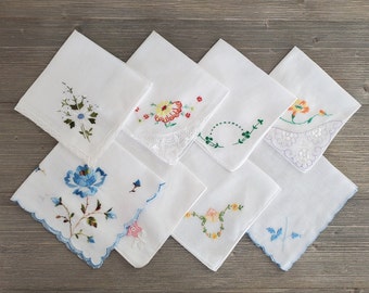 8 Small Hankies, Embroidery & Lace, Vintage Handkerchief Lot, Crafts, Soft Cotton 'Tissues'