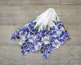Iris Garden Hankie, Purple & White Irises, Vintage Ladies Handkerchief, Pocket Scarf