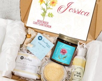 Personalized November Birth Flower Gift Box, Scented Candle & Spa Set