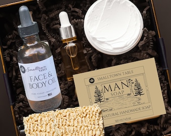 Christmas Spa Set for Men, Handmade Soap, Face & Body Oil