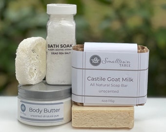 Goat's Milk Soap Set, Fragrance Free Soap & Lotion, Spa Kit, Sensitive Skin Cleanser for Face and Body, Care Package for New Mom Gift Set