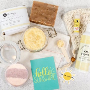 Box of Sunshine, Self Care Pamper Gift, Hello Sunshine Gift Box, Handmade Organic Goat Milk Soap, Hug in a Box, Relaxing Bath Set for Her