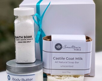Organic Spa Gift Set, New Mom Care Package, Goat Milk Soap Gift Set, Spa Gift Basket for Mom, Sensitive Skin, Self Care Gift Box for Her