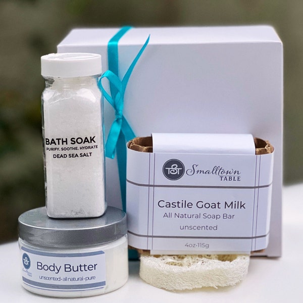 Organic Spa Gift Set, New Mom Care Package, Goat Milk Soap Gift Set, Spa Gift Basket for Mom, Sensitive Skin, Self Care Gift Box for Her