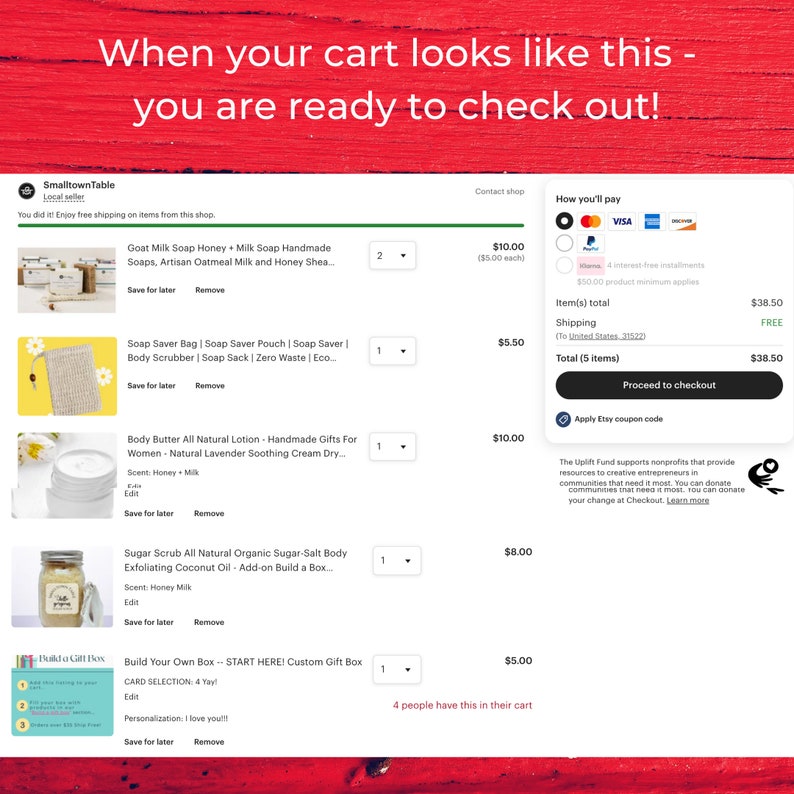 When you card has the build a box, and everything you want to go in the box is in your cart, you can check out!