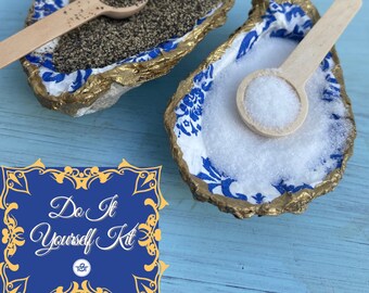 Oyster Shell Decoupage DIY Kit 2 Large Shells Ring Dishes, Beach Wedding, Crafting Kit, Chinoiserie Style Crafts Trinket Dish Bridal Party