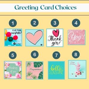 Choose a greeting card 1 cue the confetti 2 pink heart on teal background thank you card white red heart yay! in pink thinking of you card congratulations! card pink and green hello sunshine hello and turquoise happy holidays card tiny pink tree
