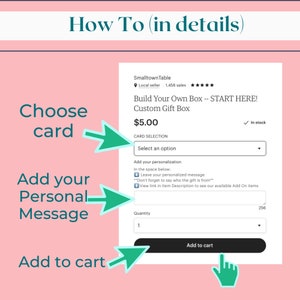 How to build a box in details choose card add personal message add to card