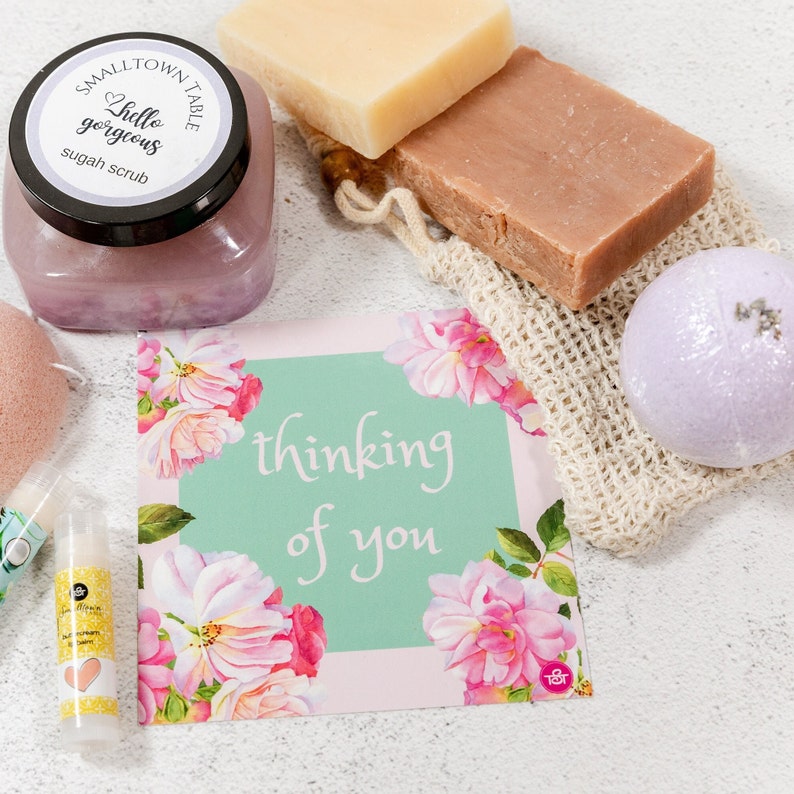 Thinking of you sample build a box konjac sponge, bath bomb, soap sack, 2 soaps, lavender sugar scrub 2 lip balms