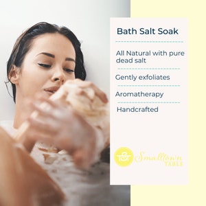 Bath salts to use in the tub as shown or shower. They are all natural made with dead salt, can gently exfoliate, and aromatherapy, handcrafted in the USA the woman in the tub is exfoliating her arms with bath salts and soap sack