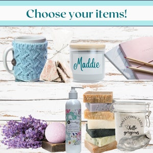 Choose your items! Mug sweater, personalized candle, journal, lavender bath products, bath bomb, body butter, handmade soaps, bath salts oyster shell scoop
