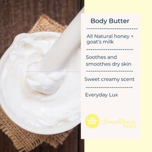 Puede incluir: Un taz&oacute;n blanco lleno de crema corporal, que se mezcla con una batidora de mano. El texto a la derecha dice "Body Butter", "All Natural honey + goat's milk", "Soothes and smoothes dry skin", "Sweet creamy scent", "Everyday Lux" y "TST Smalltown TABLE".