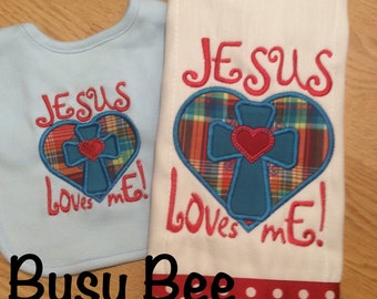 Jesus Loves Me Burp Cloth and Bib Set