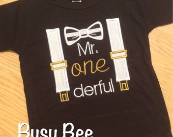 Appliqued Mr. One Derful (Wonderful) with Suspenders and Bow Tie Birthday Shirt and Matching Bib