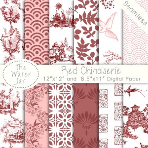 Rode chinoiserie China rood digitaal papier, chinoiserie plakboekbehang met Chinese patronen, naadloze patroonontwerpen, rood en wit