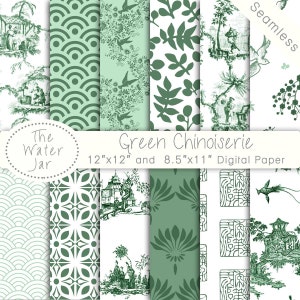 Green Chinoiserie Digital Papers, Chinoiserie Wallpaper Digital Paper Pack for Scrapbooking with Chinese Patterns, Seamless China Designs,