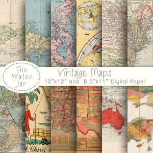 Paquete de papel digital de mapas del mundo vintage, mapas del viejo mundo y mapas antiguos de EE. UU., álbumes de recortes digitales de viajes o historia, mapas antiguos imprimibles