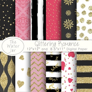 Paquete de papel digital con temática de París en rosa clásico, dorado y negro, papel tapiz digital romántico de París para San Valentín, diseños de casas de muñecas parisinas