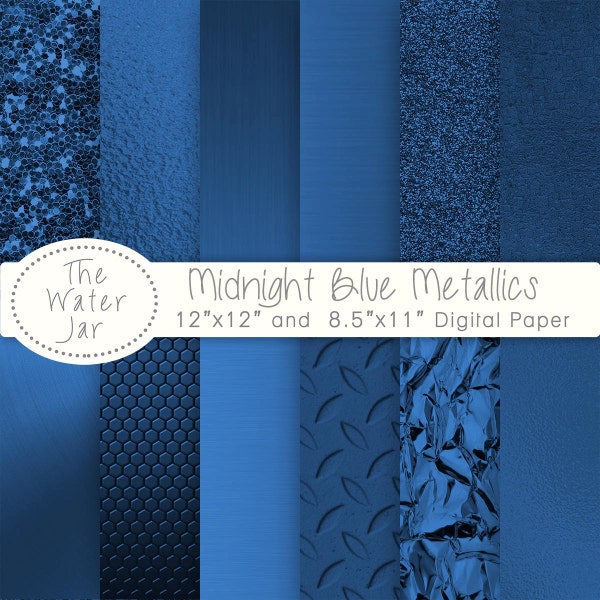 Midnight Blue Metallic digital papers, Deep Navy Blue Printable Metal Textures, Glitter, Foil, and Brushed Metal