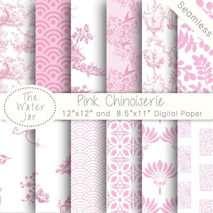 Roze chinoiserie digitaal papier, commercieel gebruik, porselein roze plakboekbehang met Chinese patronen, roze porselein naadloze patroonontwerpen