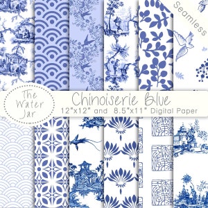 Chinoiserie China Blue Digital papers, Chinoiserie Scrapbook Wallpaper, Chinese Patterns, Seamless Patterns, Blue, White, repeating Pattern