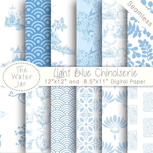 Printable Blue Chinoiserie Digital Paper Pack, Chinoiserie Wallpaper Designs, China Baby Blue Chinese Seamless Patterns, Digital Background