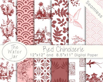 Red Chinoiserie China Red Digital papers, Chinoiserie Scrapbook Wallpaper with Chinese Patterns, Seamless Pattern Designs, Red and White