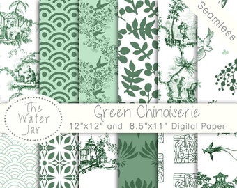 Green Chinoiserie Digital Papers, Chinoiserie Wallpaper Digital Paper Pack for Scrapbooking with Chinese Patterns, Seamless China Designs,