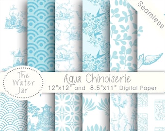 Digital Chinoiserie scrapbooking paper pack, Scrapbook Wallpaper with Chinese Patterns, Aquamarine China Seamless Designs, Commercial Use