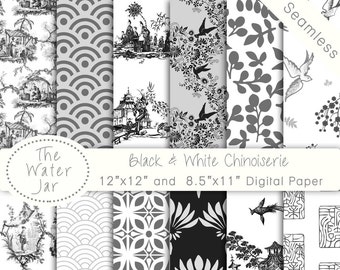 Chinoiserie China Black and White Digital papers, Chinoiserie Scrapbook Wallpaper with Chinese Patterns, Black and White