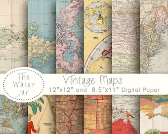 Puede incluir: Una colección de papeles digitales de mapas antiguos en varios tamaños. Los mapas presentan una variedad de colores, incluyendo rosa, azul y amarillo, y están etiquetados como "Vintage Maps" con tamaños de 30,5 cm x 30,5 cm y 21,6 cm x 27,9 cm. The Water Jar también es visible.